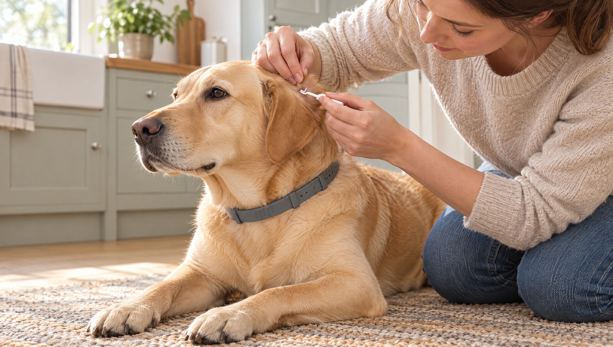 Owner using a tick removal tool behind a calm Labrador's ear