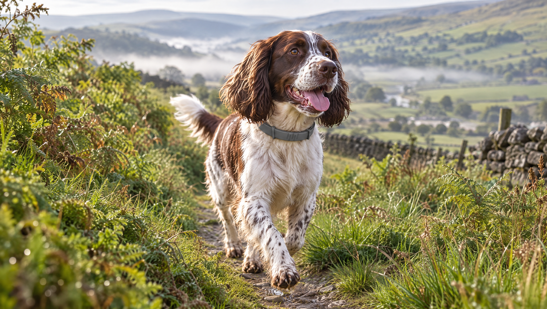 Springer spaniel on a countryside footpath through bracken in the Yorkshire Dales during UK tick season