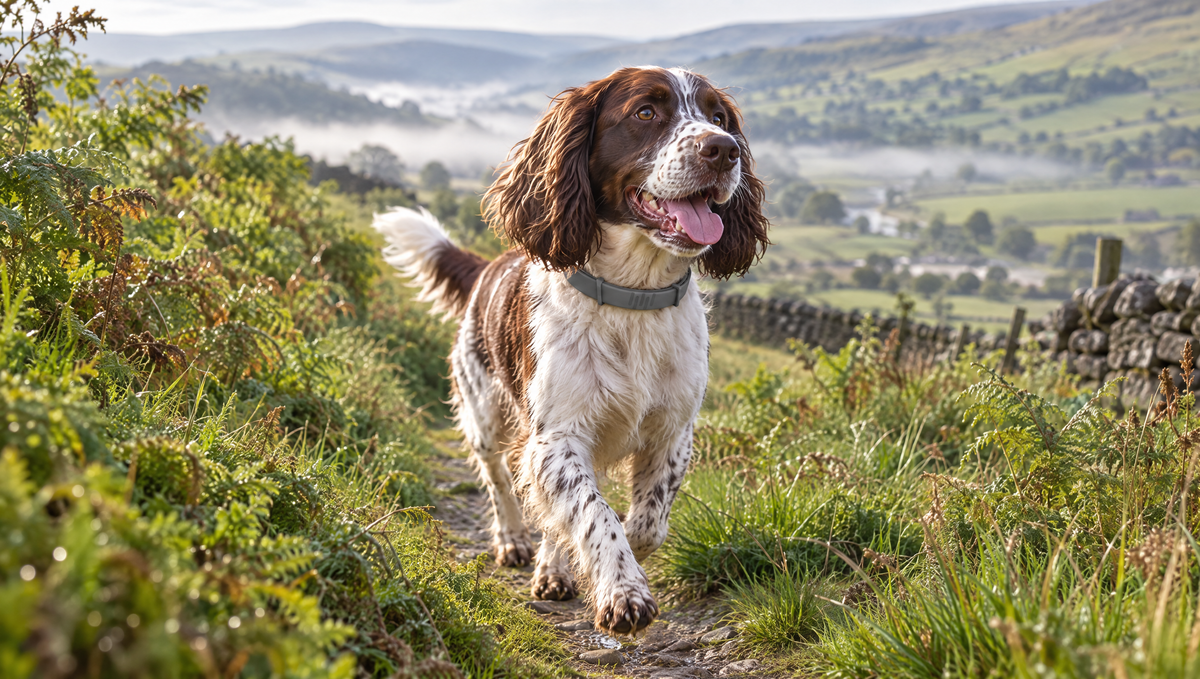 Springer spaniel on a countryside footpath through bracken in the Yorkshire Dales during UK tick season