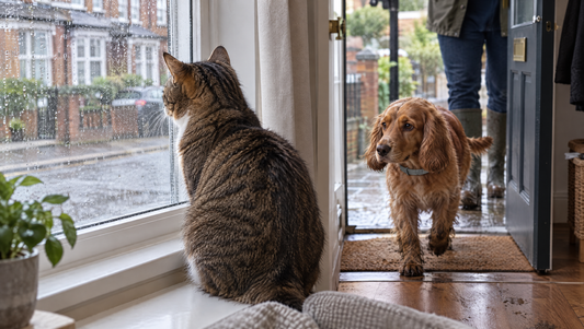 Indoor tabby cat at a rainy window as a spaniel comes in from a walk