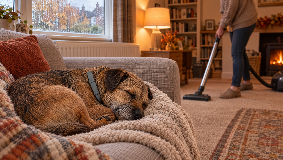 Border terrier asleep on a sofa by the radiator while the owner vacuums the carpet