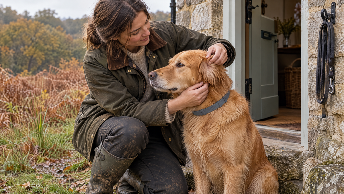 Woman in a waxed jacket checking behind a golden retriever's ear at a cottage door after an autumn walk