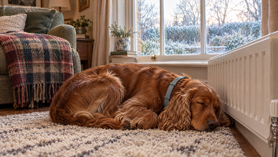 Cocker spaniel asleep on a rug beside a radiator in a British living room, with a frosty garden outside the window