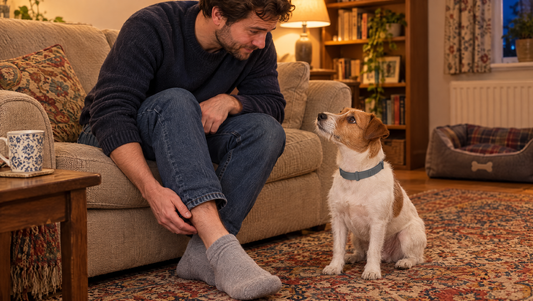 Man on a sofa rubbing his ankle while his Jack Russell terrier sits on the carpet looking up at him