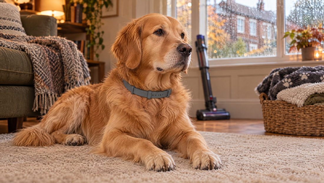 Golden retriever wearing a grey collar resting on a clean rug in a British living room on a rainy autumn day, with a vacuum cleaner and washed blankets behind