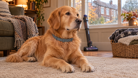 Golden retriever wearing a grey collar resting on a clean rug in a British living room on a rainy autumn day, with a vacuum cleaner and washed blankets behind