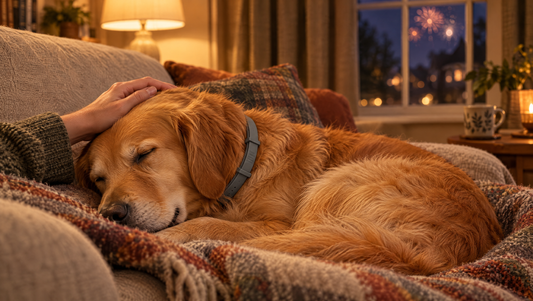 A calm golden retriever curled up asleep on a sofa under a blanket while a hand strokes its head and fireworks glow faintly outside the window