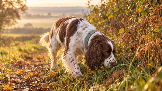 A liver and white cocker spaniel sniffing long grass and bracken beside a hedgerow on an autumn countryside footpath