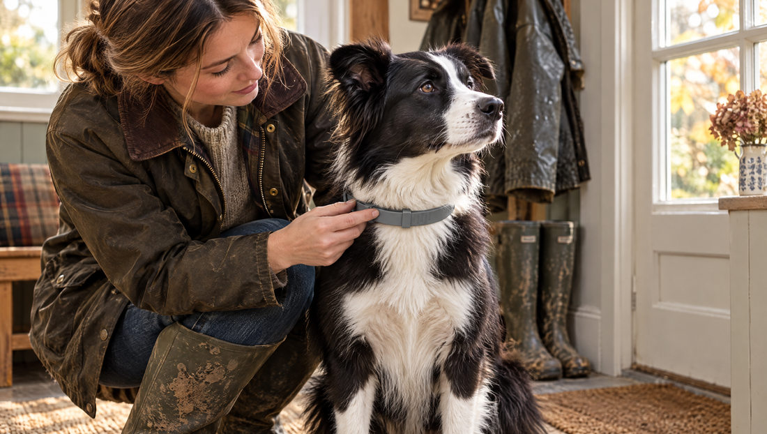 A woman in a waxed jacket and wellies crouching in a British porch to check the collar of a black and white border collie on an autumn morning