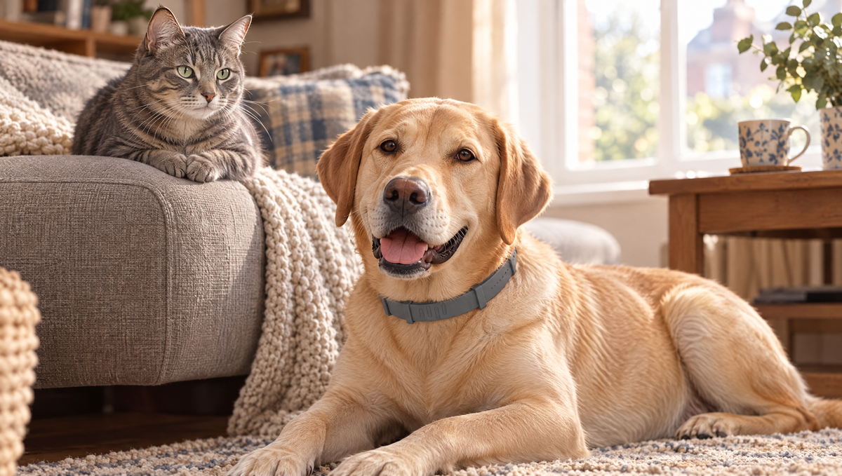 A grey tabby cat resting on a sofa arm beside a friendly Labrador in a grey collar lying on the rug in a bright British living room